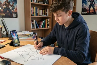 Adolescent planifiant une composition HDV 8 sur papier quadrillé pour la guerre de clan dans un jeu mobile