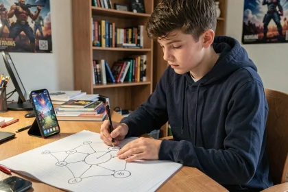 Adolescent planifiant une composition HDV 8 sur papier quadrillé pour la guerre de clan dans un jeu mobile
