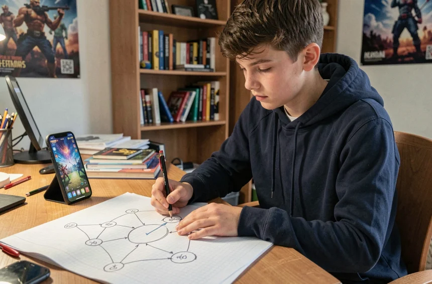Adolescent planifiant une composition HDV 8 sur papier quadrillé pour la guerre de clan dans un jeu mobile