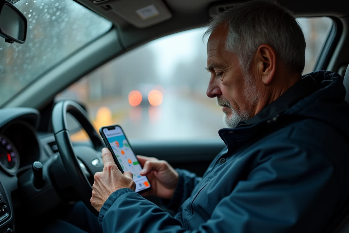 Homme consultant une application de trafic en temps réel sur smartphone depuis sa voiture à Lorient