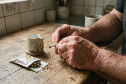 Homme roulant une cigarette avec un paquet de tabac à rouler 40g sur une table en bois dans une cuisine ordinaire