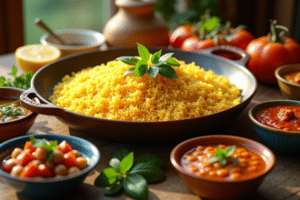 Table méditerranéenne avec couscous doré et sauces colorées