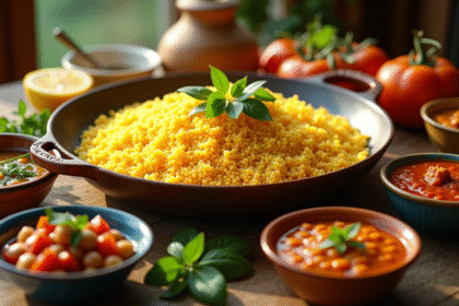 Table méditerranéenne avec couscous doré et sauces colorées