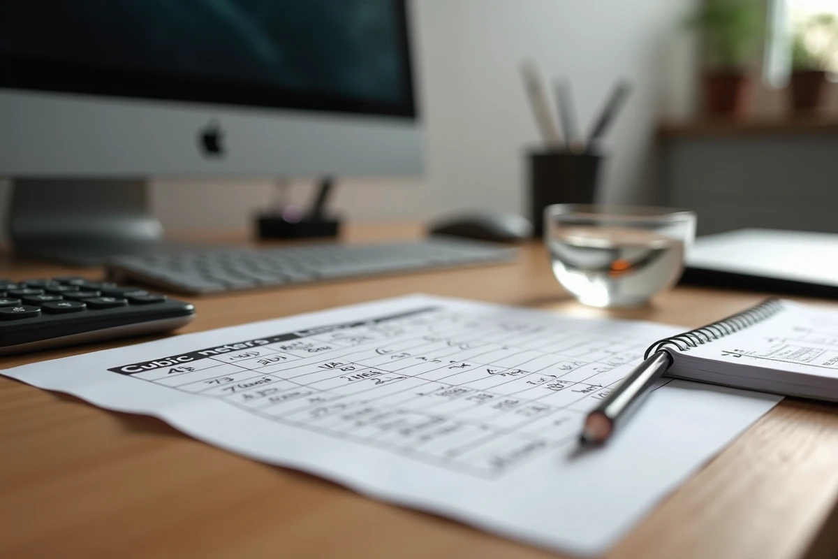 Tableau de conversion mètres cubes en litres avec calculatrice et notes manuscrites sur un bureau