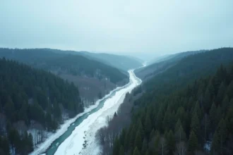 Paysage immense de la taïga sibérienne avec forêts de conifères et rivière gelée illustrant la vastitude du territoire russe