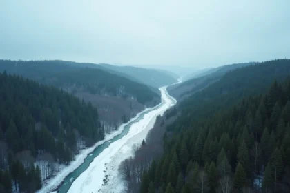 Paysage immense de la taïga sibérienne avec forêts de conifères et rivière gelée illustrant la vastitude du territoire russe