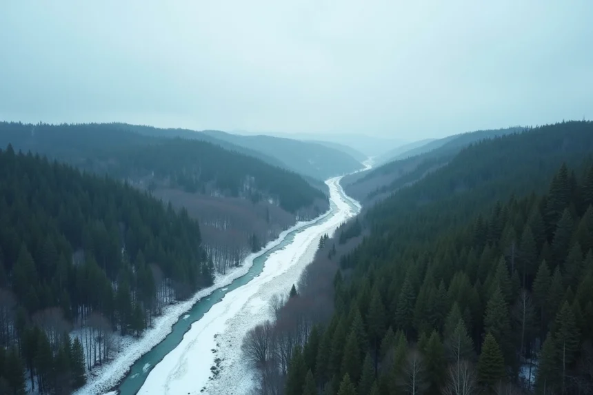 Paysage immense de la taïga sibérienne avec forêts de conifères et rivière gelée illustrant la vastitude du territoire russe