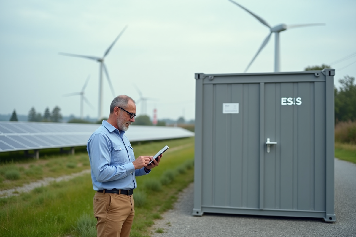 Technicien vérifiant données sur un site solaire extérieur