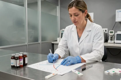 Technicienne de laboratoire médical analysant une courbe ROC pour évaluer la performance d'un test de diagnostic