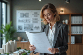 Urbaniste femme examinant des plans en bureau moderne