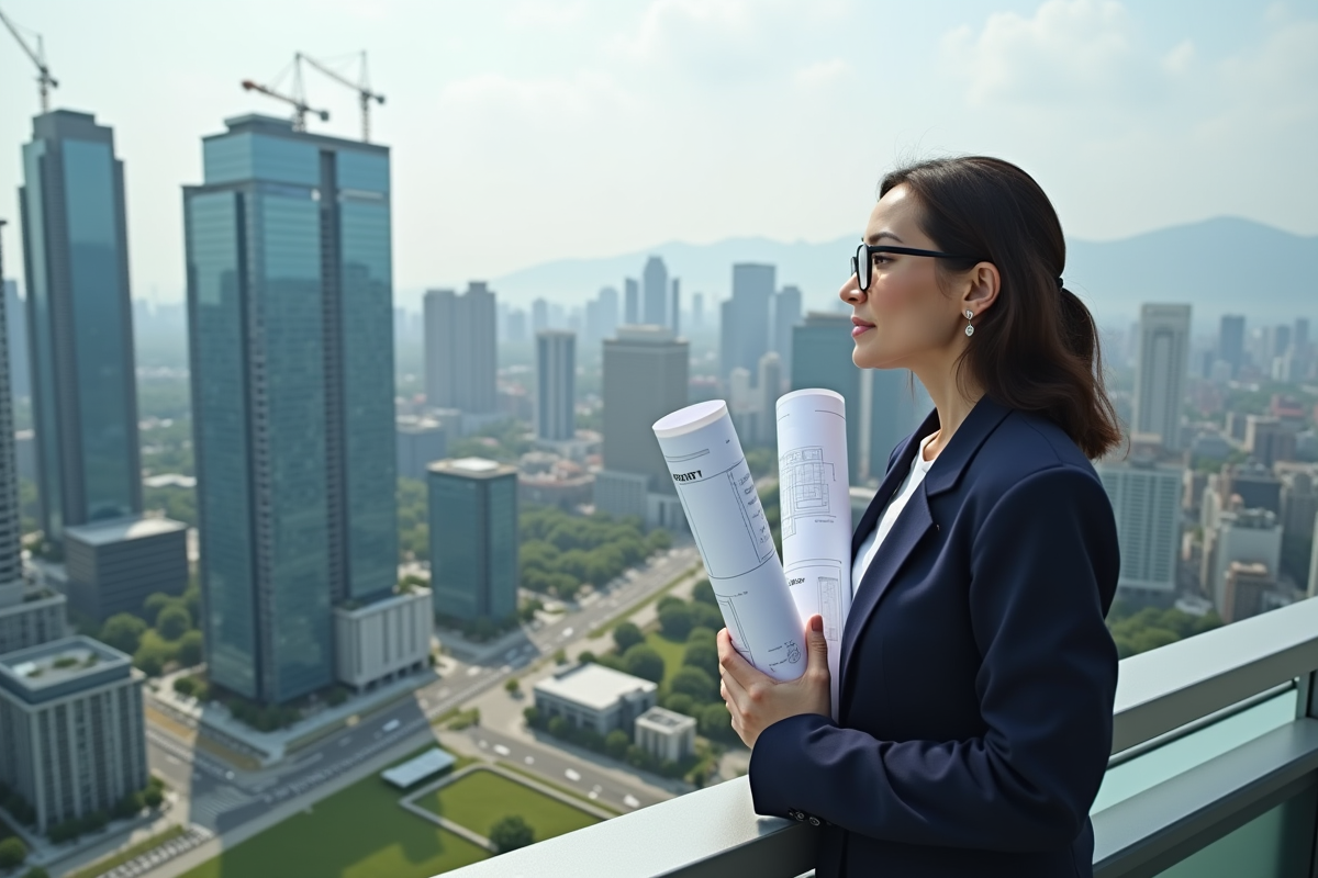 Urbaniste femme regardant la ville depuis un toit