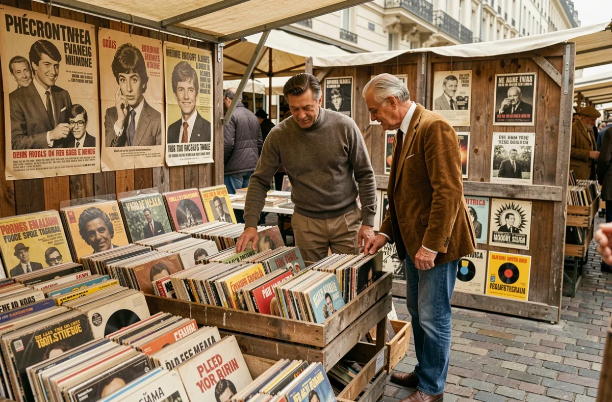 Deux hommes fouillant des disques vinyles de chanteurs français des années 60 dans un marché aux puces parisien