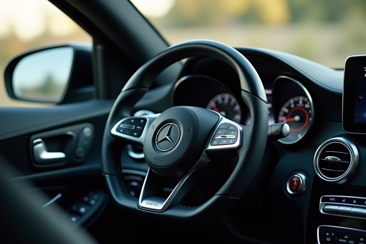 Volant et tableau de bord Mercedes-Benz avec logo SRS visible