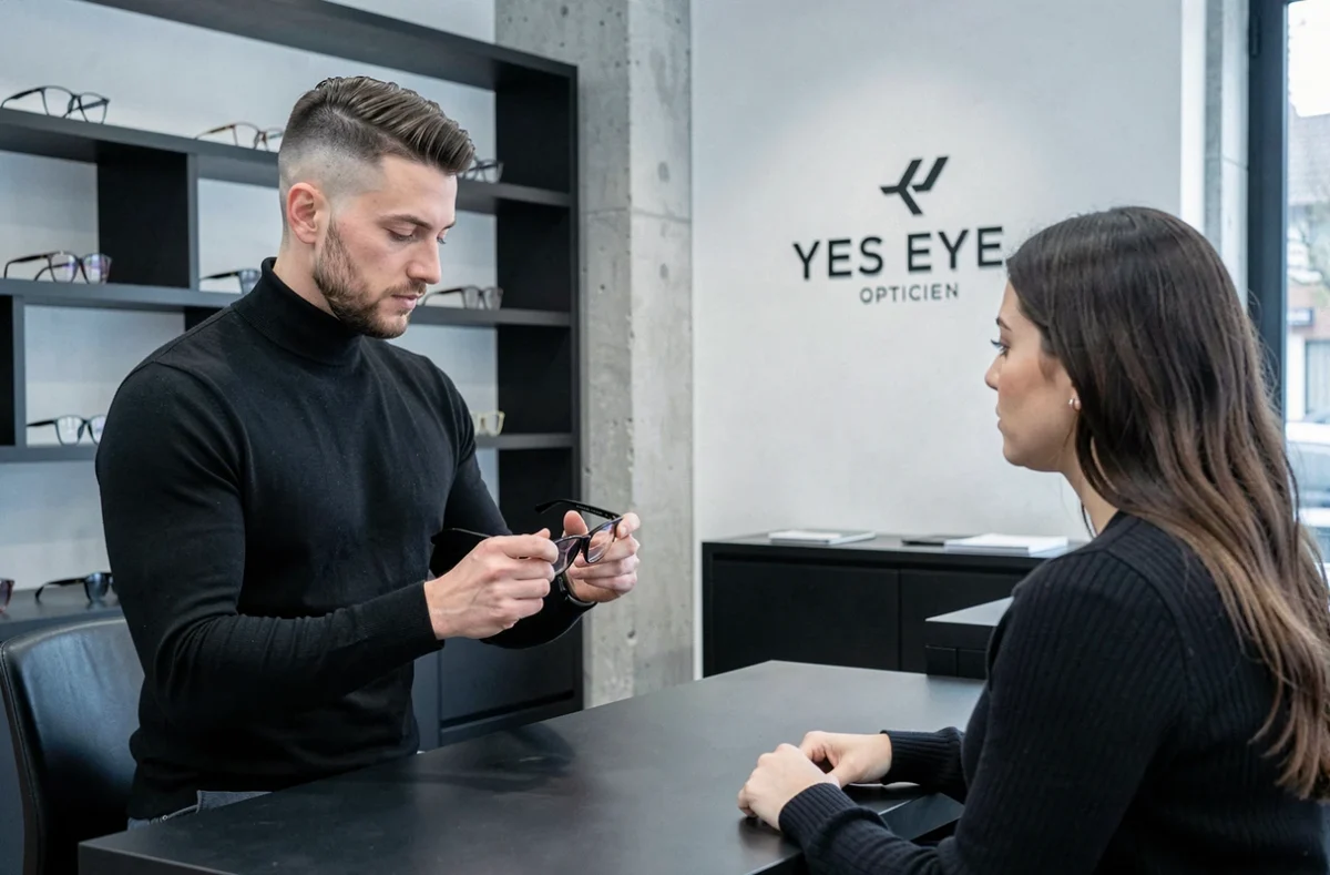 Opticien de YES EYE Rennes présentant des montures tendance à une cliente dans une boutique au design contemporain épuré